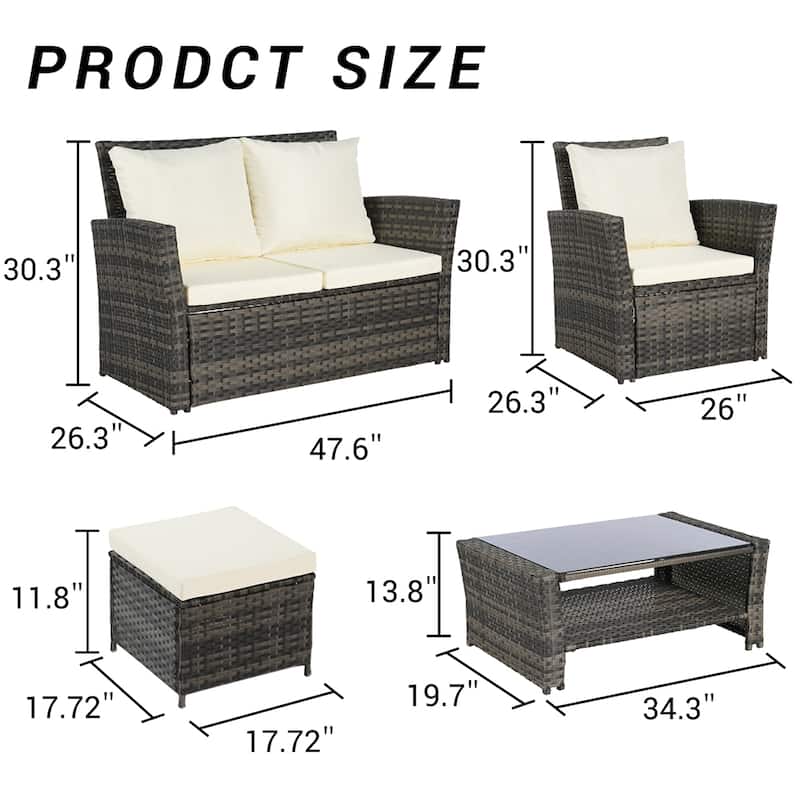 6 PCS Wicker Patio Furniture Sets with Ottoman & Tempered Glass Table - N/A - Beige