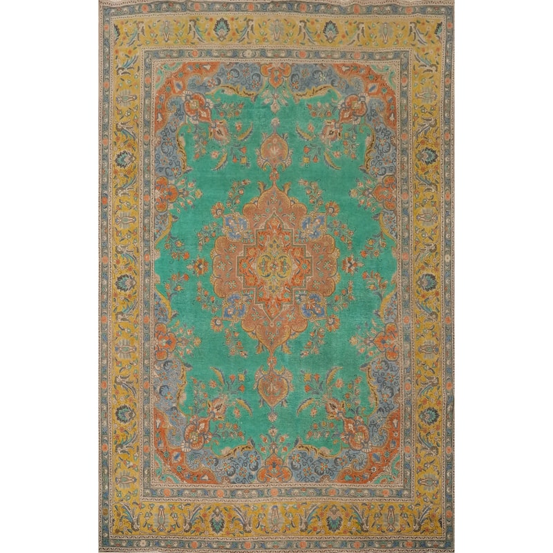 Hand Knotted Oriental 100% Wool Carpet Traditional Floral Green Tabriz Area Rug - 12' 9'' X 9' 9''