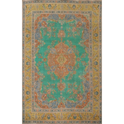 Hand Knotted Oriental 100% Wool Carpet Traditional Floral Green Tabriz Area Rug - 12' 9'' X 9' 9''