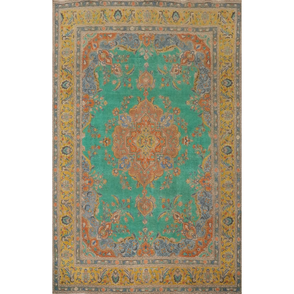 Hand Knotted Oriental 100% Wool Carpet Traditional Floral Green Tabriz Area Rug - 12' 9'' X 9' 9''