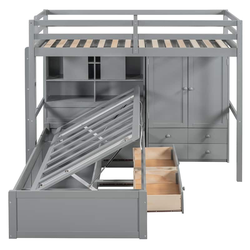 Twin Bunk Bed w/ Drawers, Wardrobe, Storage Shelves and Hydraulic Bed