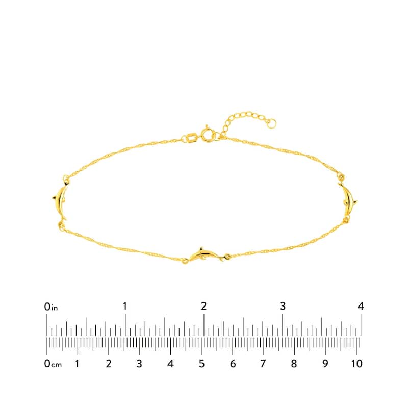 Curata 14k Yellow Gold Adjustable Dolphin Station Twist Singapore Chain 10-inch Anklet