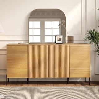 WAMPAT Wooden Reeded Baby Dresser For Bedroom, 61" 4-Door Cabinet For Kids, Mid Century Modern Closet Storage Organizer