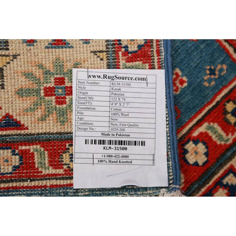 Blue Kazak Foyer Rug Geometric Hand-Knotted Wool Carpet - 2'7"x 4'0"