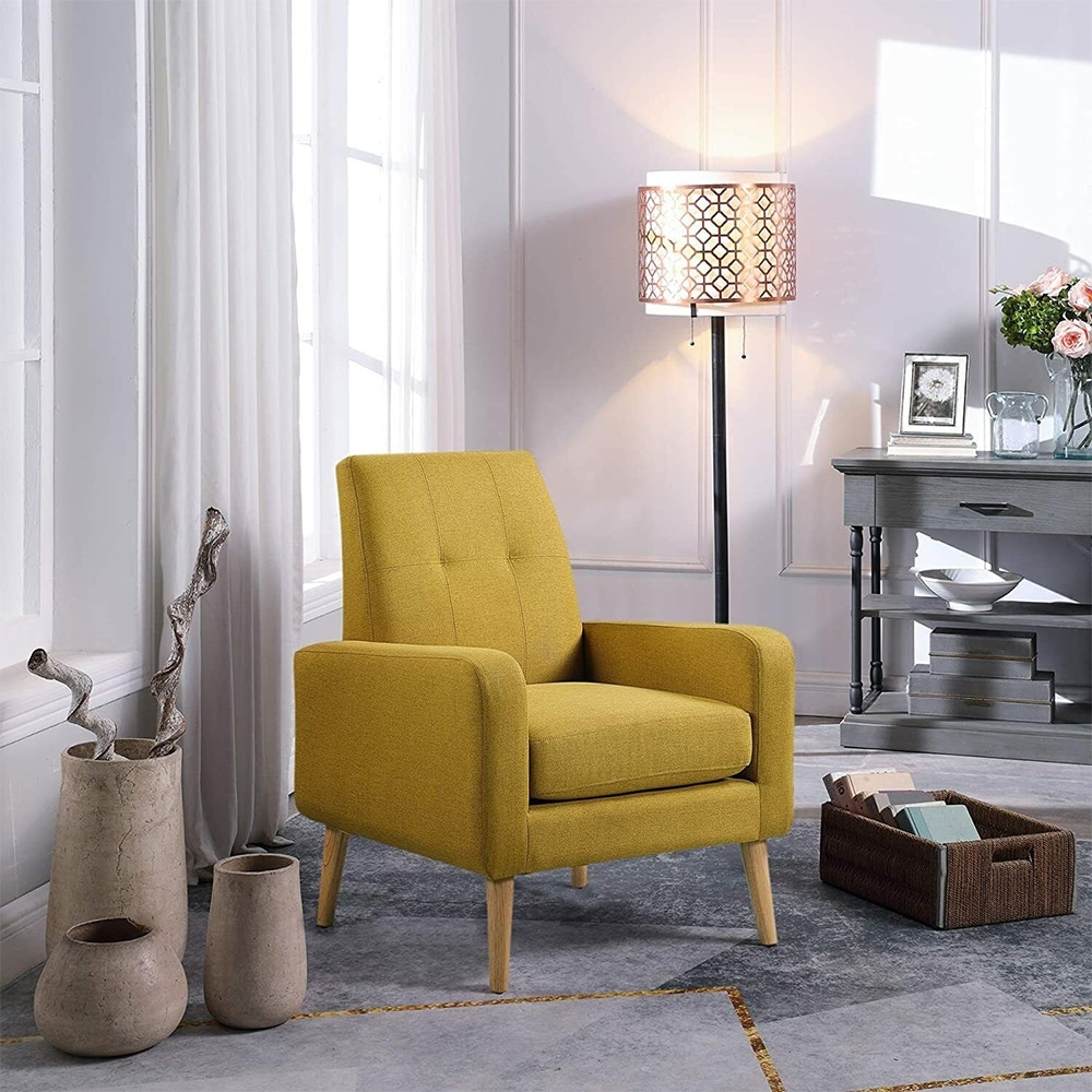 Accent Arm Chair Upholstered Tufted Button Linen Fabric Yellow