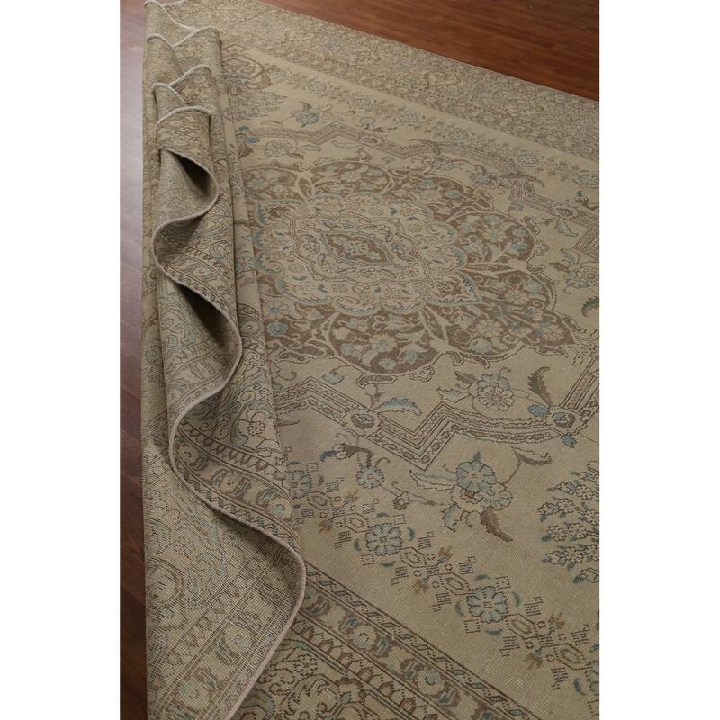 Hand Knotted Oriental 100% Wool Carpet Traditional Floral Beige & Ivories Tabriz Area Rug - 12' 9'' X 9' 7''