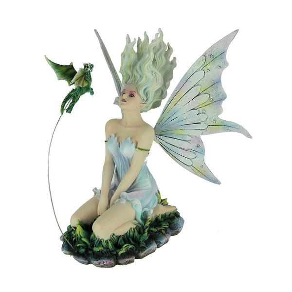 White Haired Sitting Fairy and Green Baby Dragon Statue - 10.25 X 10 X 7 inches