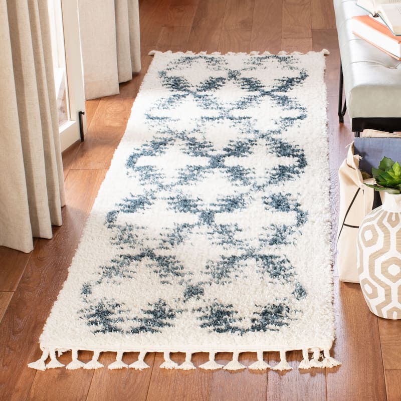 SAFAVIEH Berber Fringe Shag Lillis Trellis 1.2-inch Thick Rug - 2'2" x 8' Runner - Cream/Blue