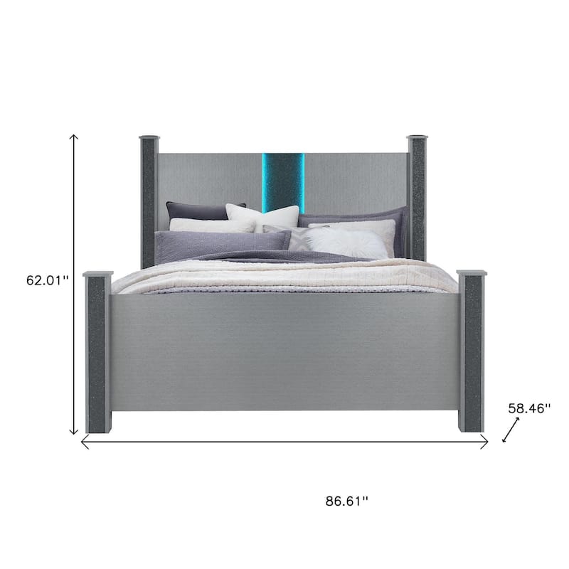 HomeRoots Silver Wood And Faux Crystals Lighted Full Four Poster Bed Frame