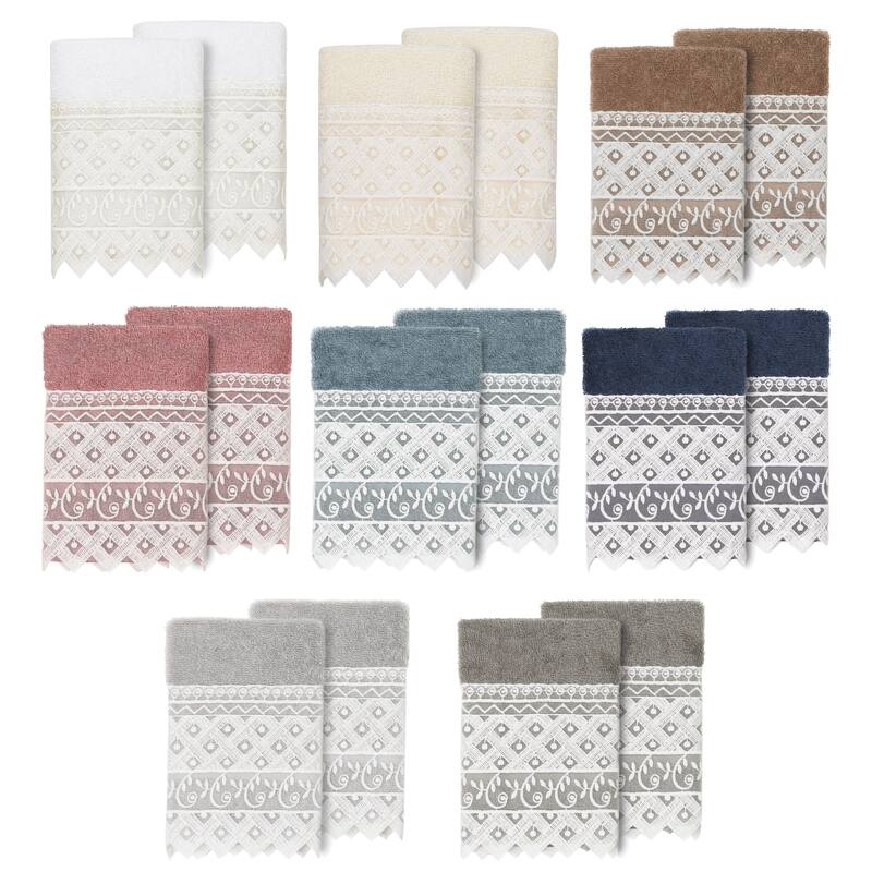 Authentic Hotel and Spa 100% Turkish Cotton Aiden 2PC White Lace Embellished Washcloth Set