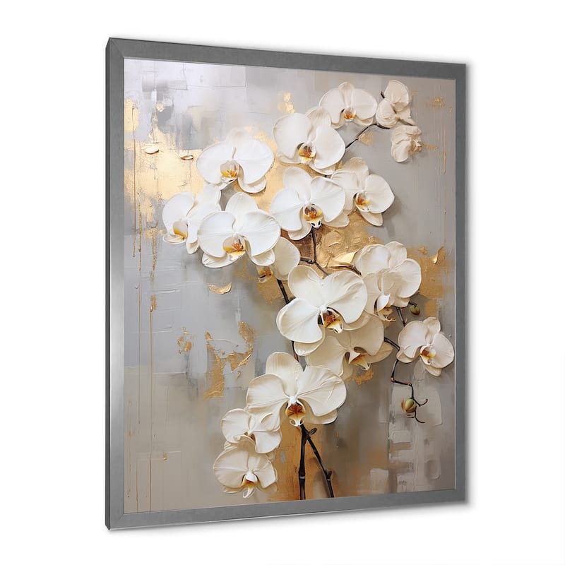 Designart "Minimalism Beige And Gold Orchids IV" Orchids Framed Canvas Art Print