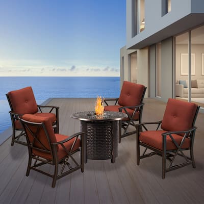 Aluminum 34-in Round Antique Copper Fire Table Set with Four Deep Seating Rocking Chairs with Accessories