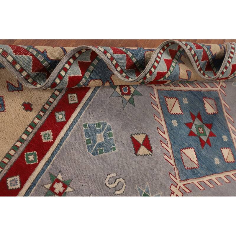 Gray Kazak Oriental Area Rug Dining Room Hand-Knotted Wool Carpet - 6'11" x 9'3"