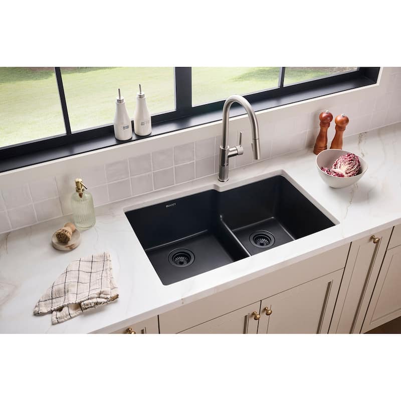 Ruvati 33 x 20 inch Granite Composite Quartz Undermount Double Bowl Kitchen Sink - Midnight Black - RVG2347BK