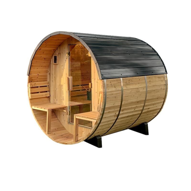 Backyard Discovery Paxton 2-4 Person Outdoor Barrel Sauna, Porch - Natural Cedar