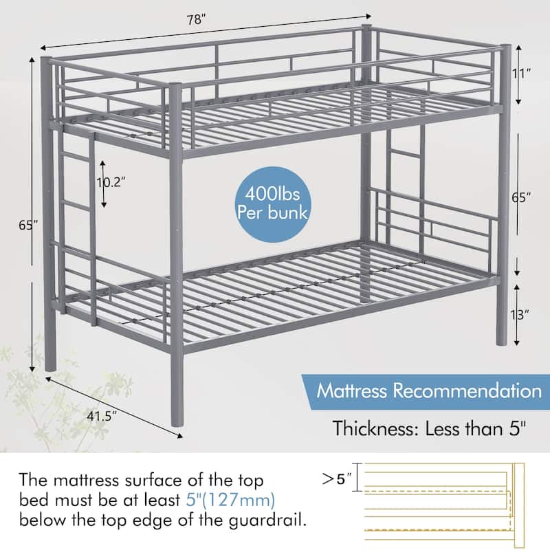 VECELO Twin Over Twin Metal Bunk Bed Frame for Kids Teens, Heavy Duty Noise-Free Platform Bed, Storage Space