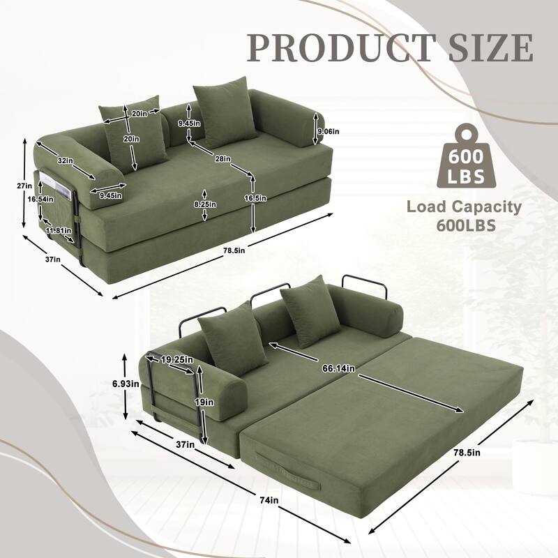 Foldable Modular Couch Sleeper Loveseat Sofa Bed with Storage Side Pocket, Detachable Metal Frame and Corduroy Fabric Cover