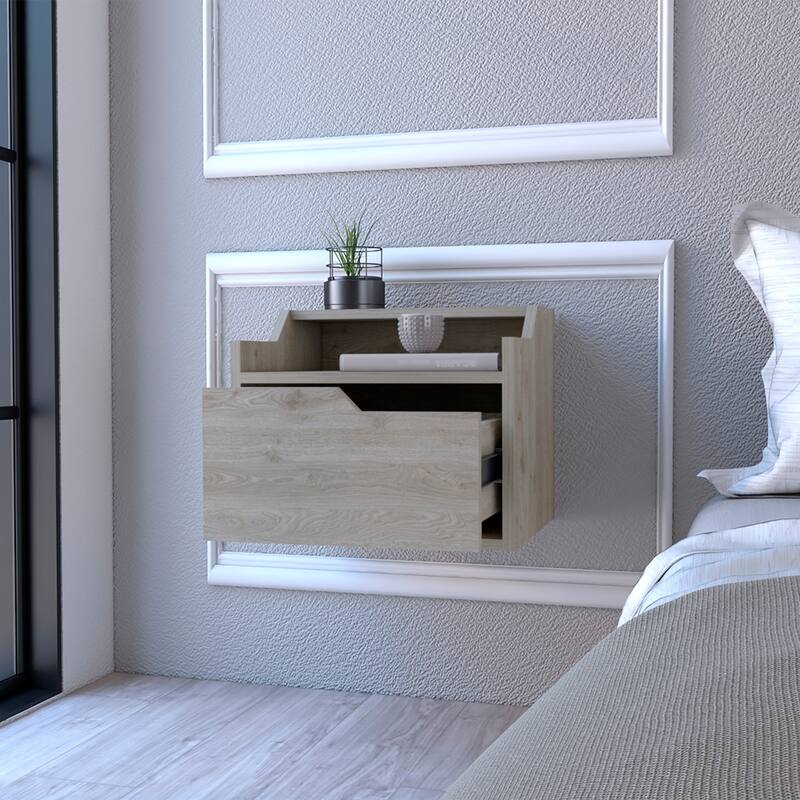 Floating Nightstand with Spacious Drawer and Dual-Tier Surface, Light Gray