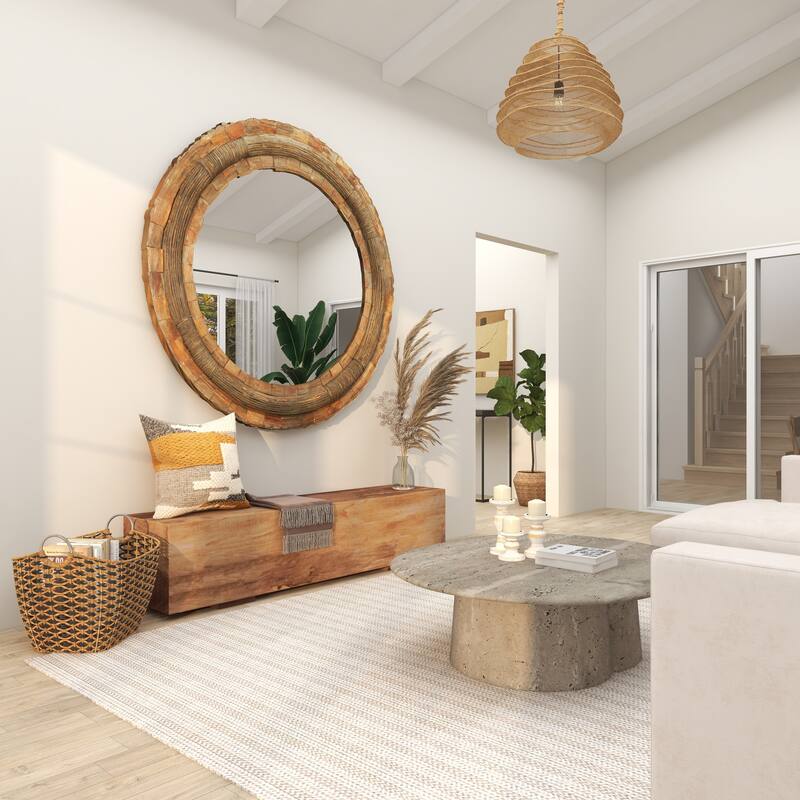 Brown Wood Large Room Wall Mirror with Layered Wood Chip and Stick Design