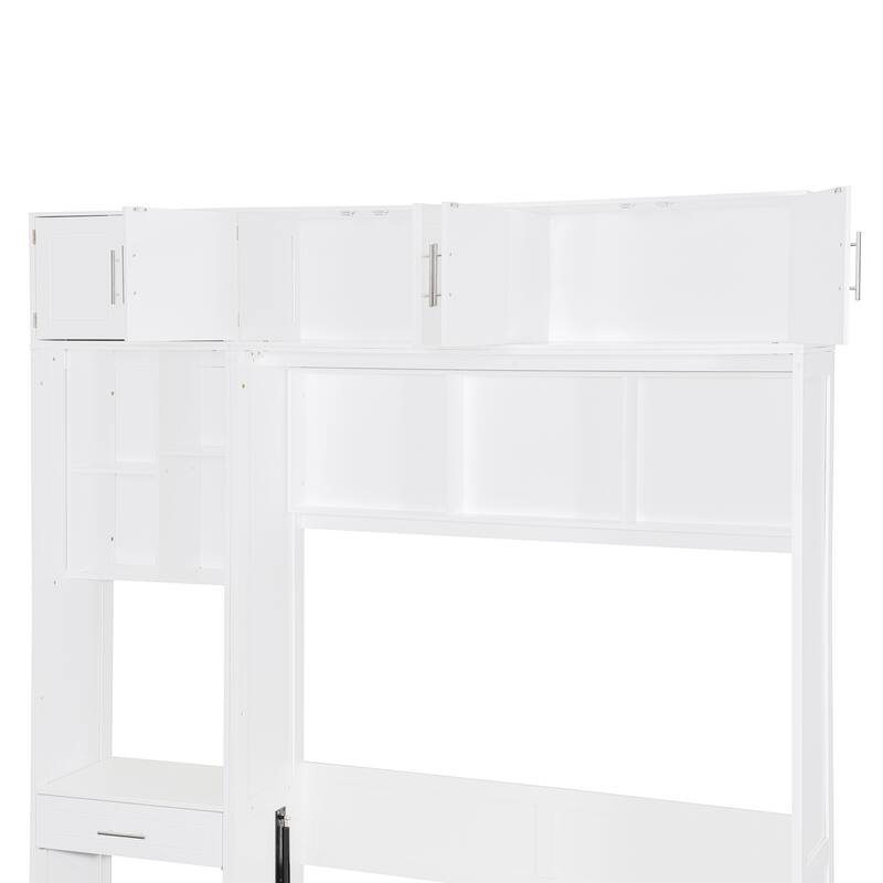 Full Size Murphy Bed with Built-In Desk and Storage with 3 Top Cabinets, Shelves and Workspace
