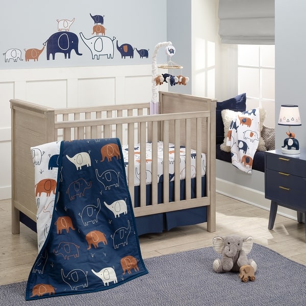 slide 2 of 9, Lambs & Ivy Playful Elephant Blue/White Cotton 3-Piece Baby Crib Bedding Set