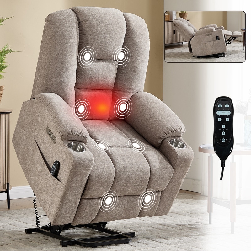 Large Power Lift Recliner with Massage & Heat - Heavy Duty Wide Recliner Chair for Elderly, USB/Type-C Charging, Cup Holders