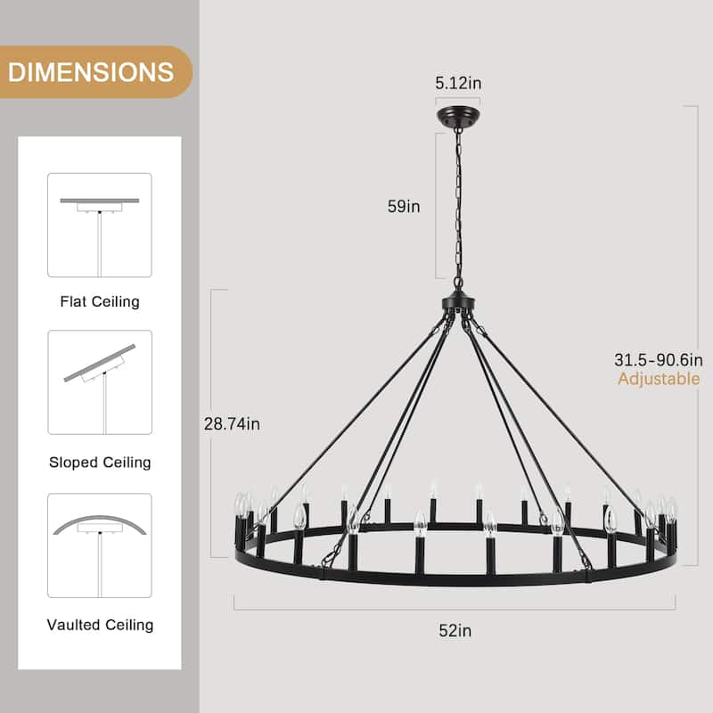 24 - Light 52in. Lagre Dimmable Wagon Wheel Chandelier Farmhouse Round Vintage Candle Style Light - N/A