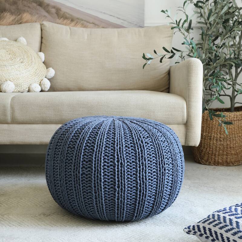 LR Home Sutton Hand-knitted Cable Cotton Pouf Ottoman