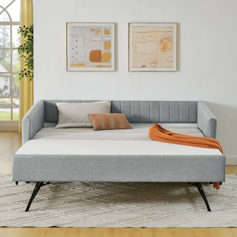 Twin/Full Size Daybed with Trundle, Upholstered Sofa Bed with Vertical Stripes, Linen Fabric, Comfortable Seating for Bedroom