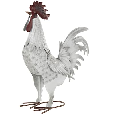 Metal Rooster Decorative Garden Sculpture with Black Texturing and Red Accents - White - Roche River Decor