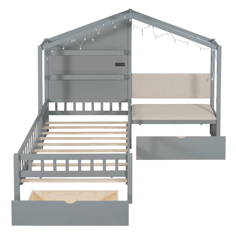 Twin Size House Bed with Upholstered Sofa, House Bed with Charging Station