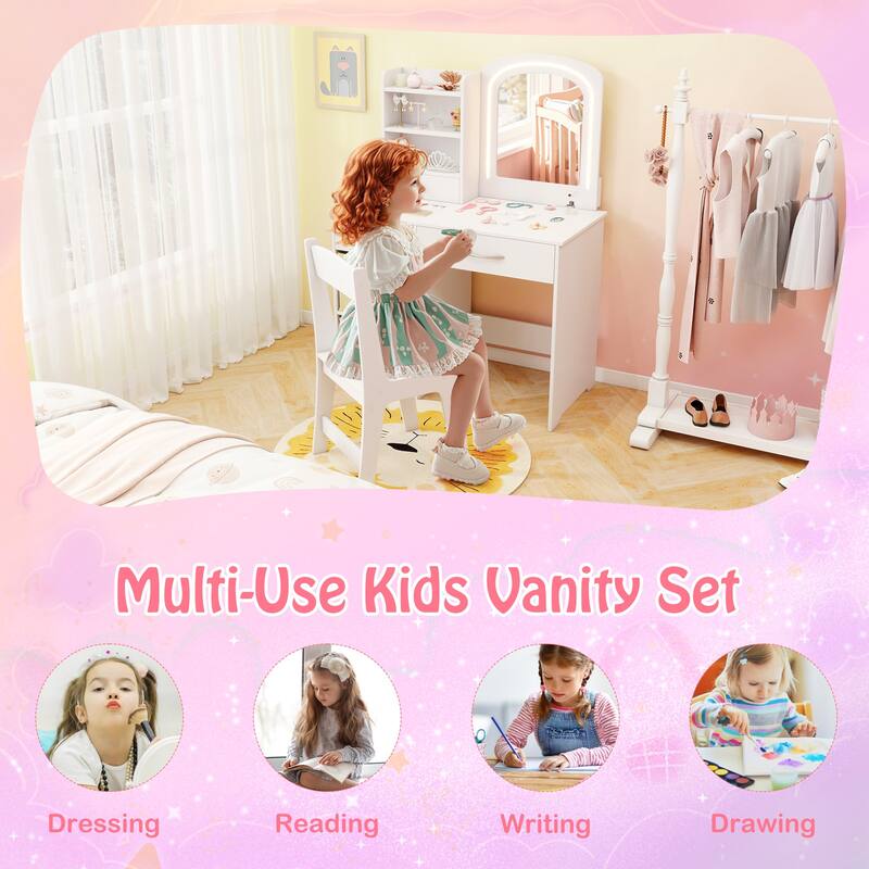 Gymax Kids Vanity Set Princess Makeup Desk & Chair w/ Mirror & Lights