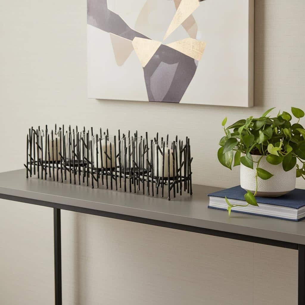 8" Black Distressed Abstract Metal Tabletop Hurricane Candle Holder