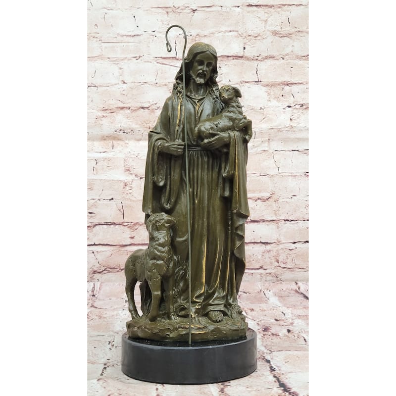 Jesus As Shepherd With Lambs Bronze Sculpture - Religious Christian Art