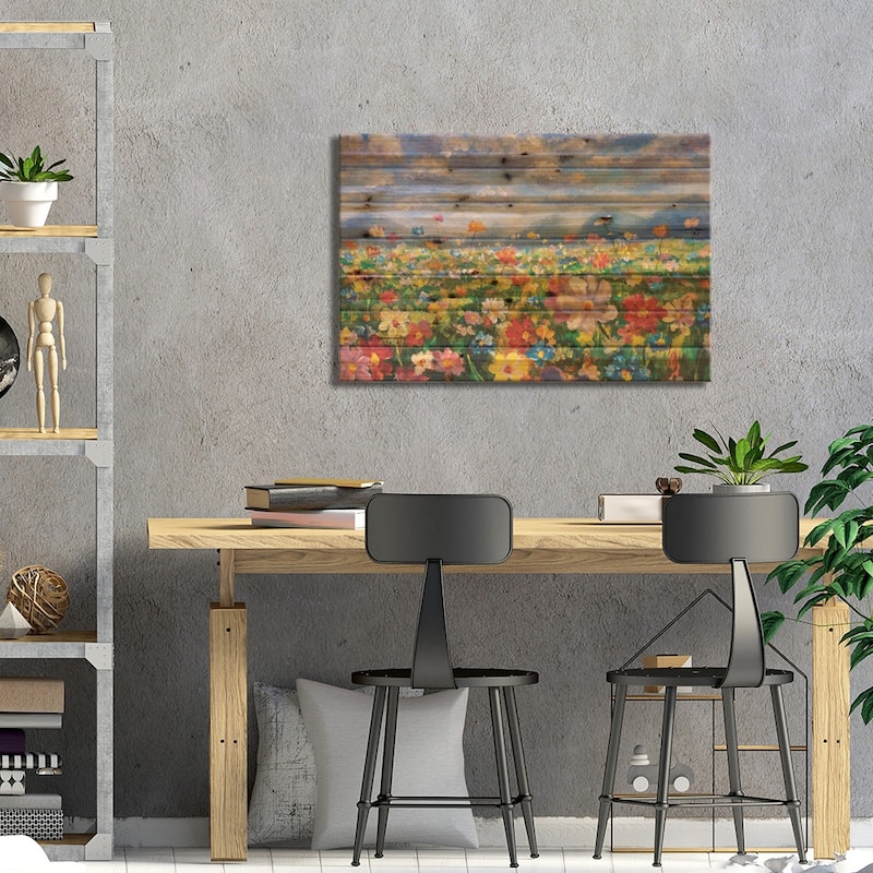 Flower Field In The Mountains Print On Wood by Valery Rybakow - Multi-Color