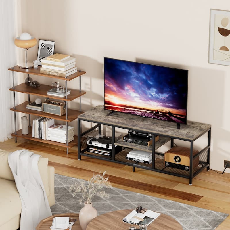 VECELO 55 Inch Grey TV Stand TV Media Console Table Entertainment Center with Power Outlets and Open Storage Shelves