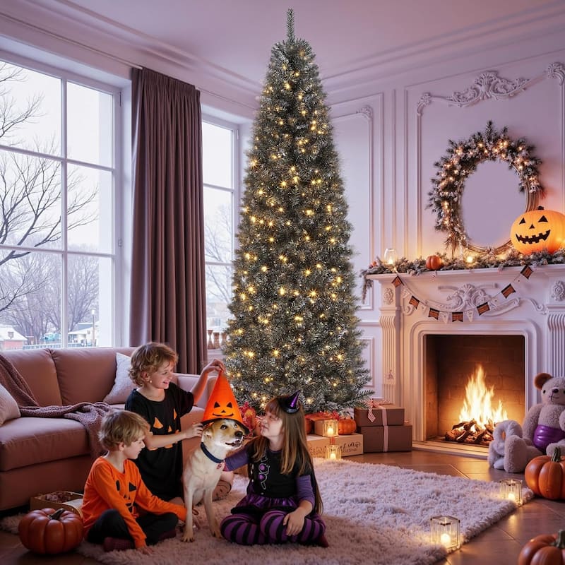 Prelit 4.5Ft Rose Gold Tinsel Fake Christmas Tree with 150 Warm White LED Lights, Metal Stand