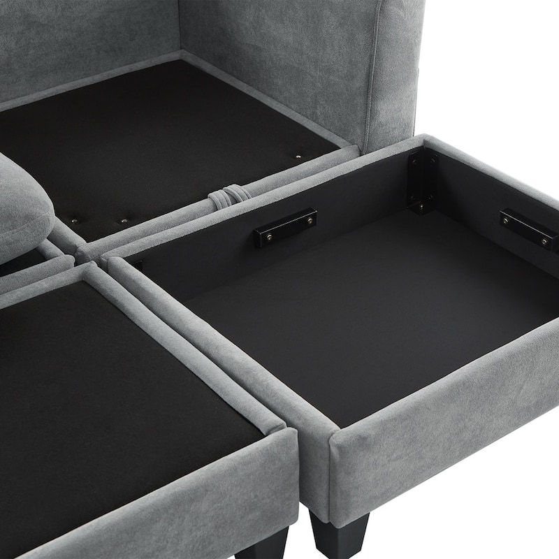 83" Upholstered Sectional Sofa with Movable Ottoman and Six Pillows, Ample Storage Space