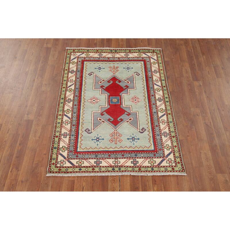 Green Kazak Accent Rug Hand-Knotted Wool Carpet - 3'6" x 4'11"