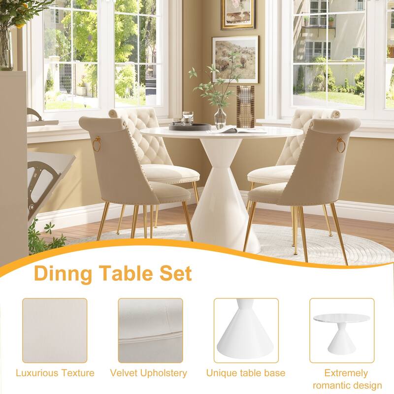 48" Light Luxury White High Gloss Large Countertop Dining Table with Velvet Dining Chair Set