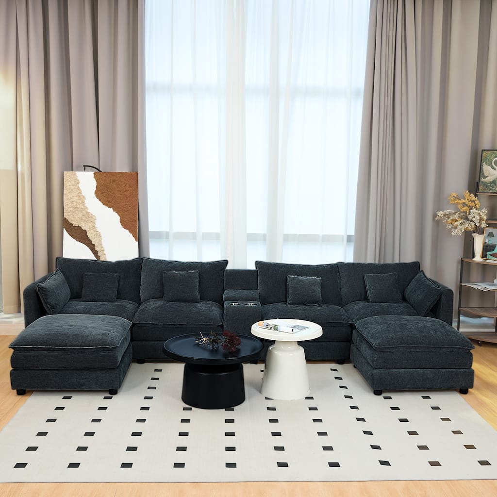 Sofa 144-in Casual Black 6 -seater Reclining Sectional - 8' x 10'