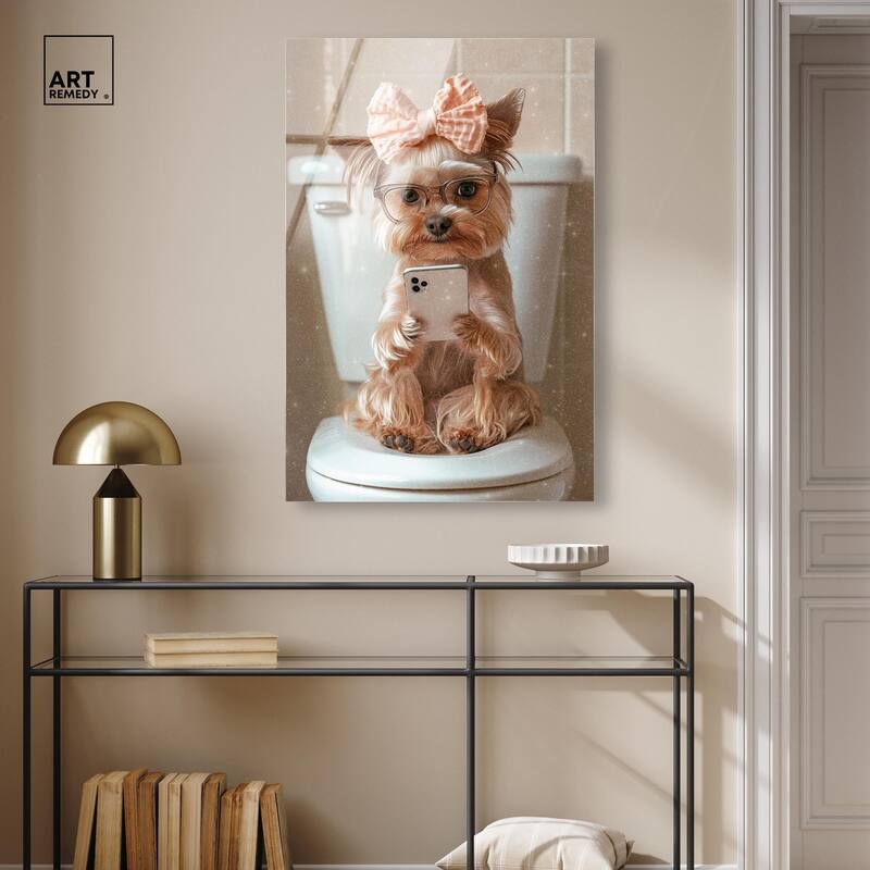 Cute Yorkie on the Toilet Acrylic by Art Remedy, Ready to Hang