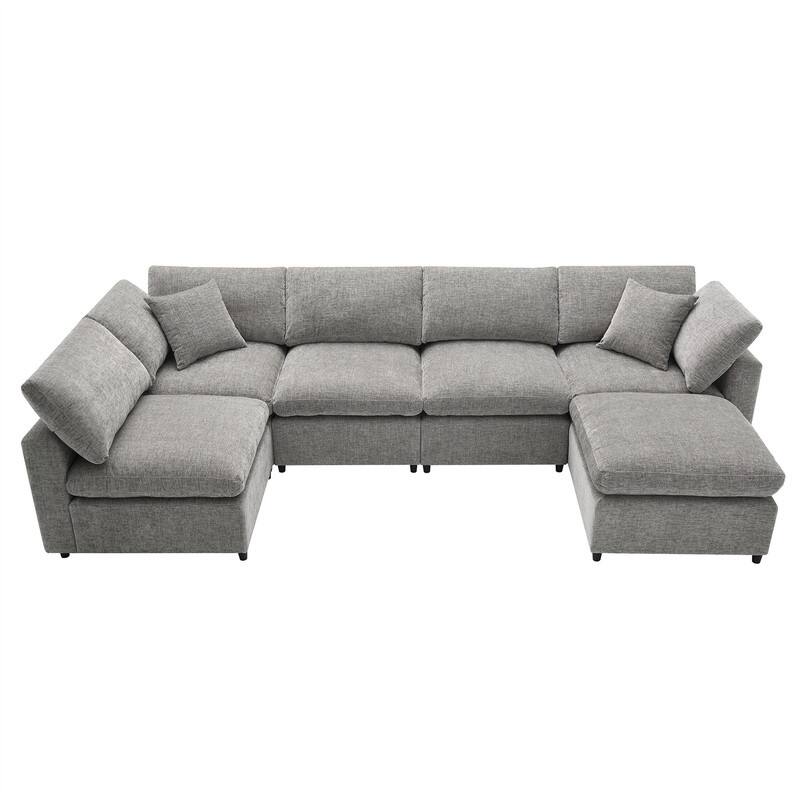 Modern Modular U-Shaped Sectional Sofa, Convertible Cloud Sleeper Sofa Bed, 6 Seat Chenille Sectional Couch Set with Ottoman