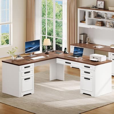 Moasis Farmhouse L Shaped Executive Desk w/Drawers, Lift Top Standing Desk with Cabinet