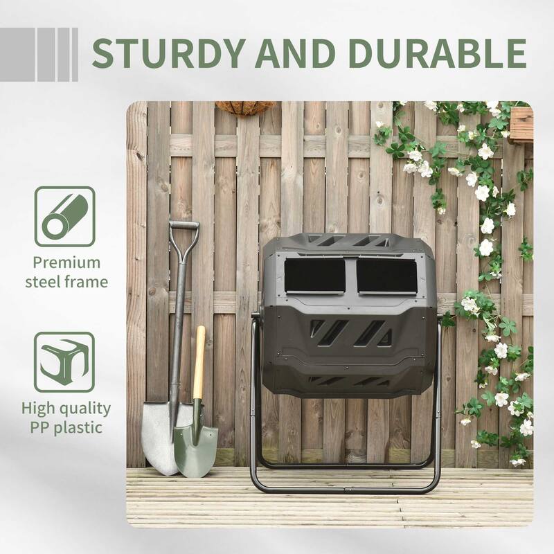 Outsunny Tumbling Compost Bin Outdoor Dual Chamber 360-deg Rotating Composter 43 Gallon w/ Sliding Doors & Solid Steel Frame