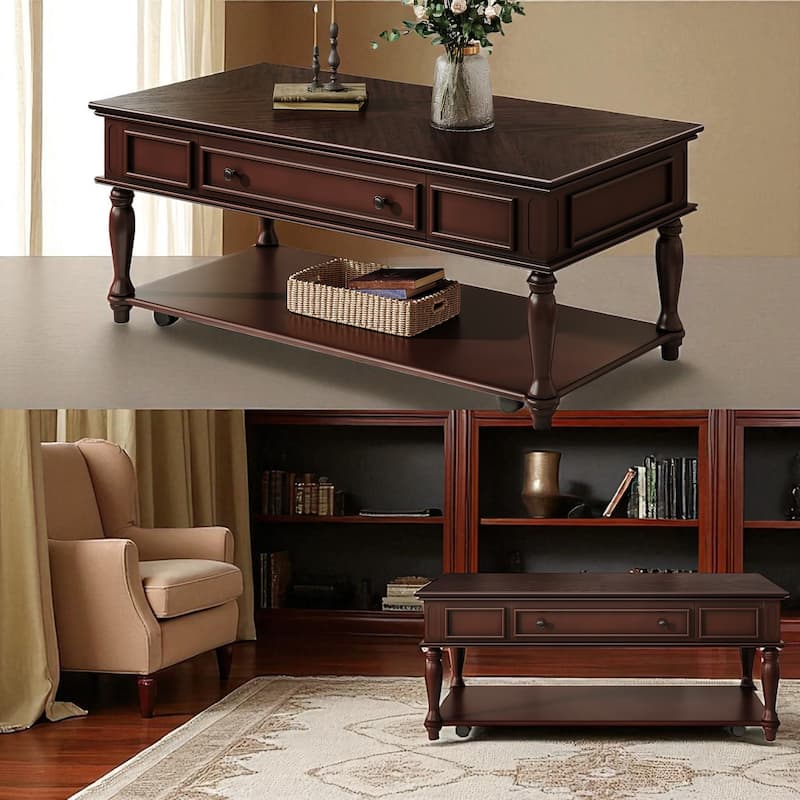 Farmhouse Coffee Table with Drawer and Shelf, 47.2" Rectangular Cocktail Table with Wheels, Rustic Wood Accent