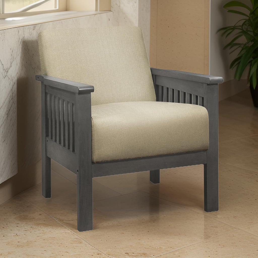 Wiston 31 Inch Accent Chair Armchair, Beige Polyester, Dark Gray Solid Wood
