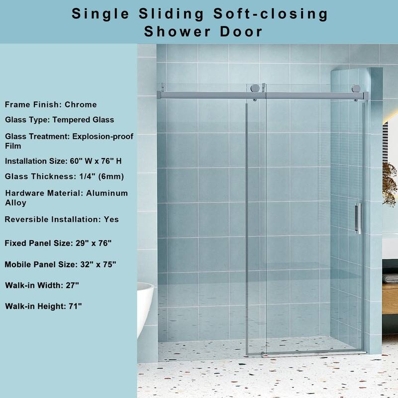 ABRUZZO 56-60" W x 76" H Frameless Soft-Closing Single Sliding Shower Door 1/4" (6mm) Explosion-Proof Tempered Glass