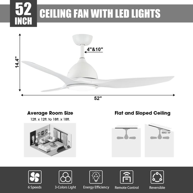52" Modern White ABS 3-blade Propeller Ceiling Fan with Light and Remote
