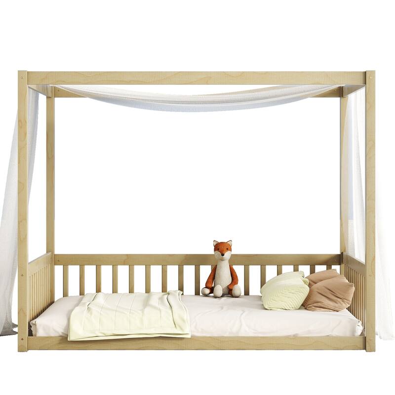 Full Canopy Floor Bed with Fence and Guardrails, Solid Pine Wood Construction for Safety